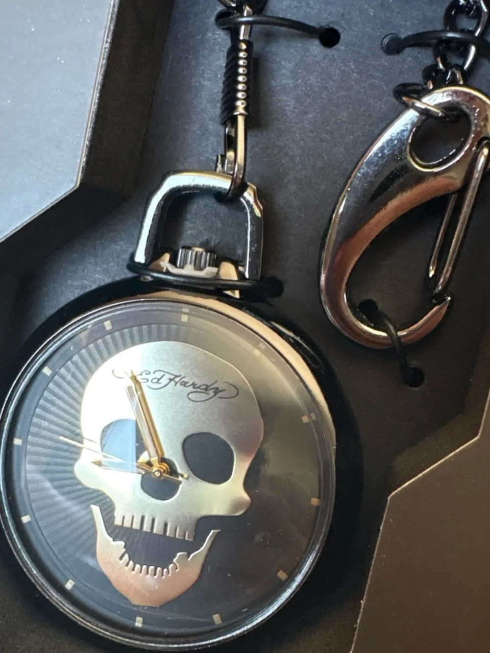 Ed Hardy Gold Tone Watch & Skull Pocket Watch Set - Black and Gold